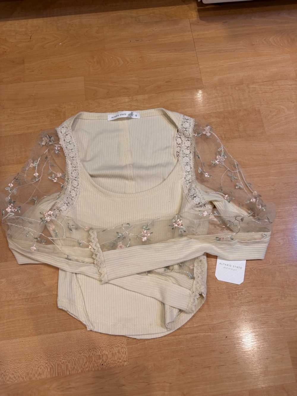 Altar'd State Cream Ribbed Top with Embroidered Sheer Floral Sleeves